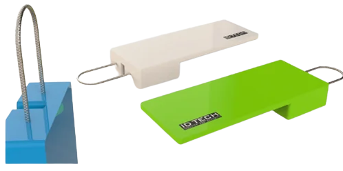 Three ID TECH branded RFID seal tags in blue, white, and green showing the integrated wire loop mechanism used for secure asset sealing and tamper evidence.