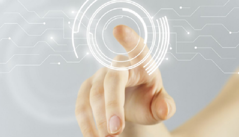 A close-up of a finger touching a glowing digital interface with concentric circles and circuit lines, symbolizing the analysis and identification of RFID UHF chip data.