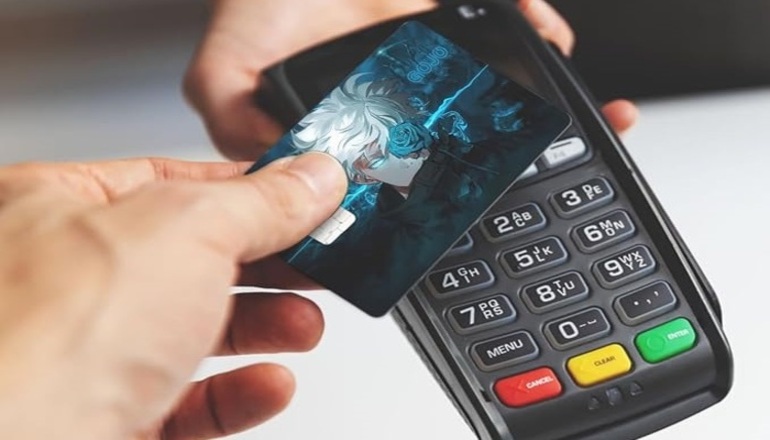 A close-up shot of a hand tapping a custom-designed anime-themed smart card against a handheld POS terminal to demonstrate a contactless NFC transaction
