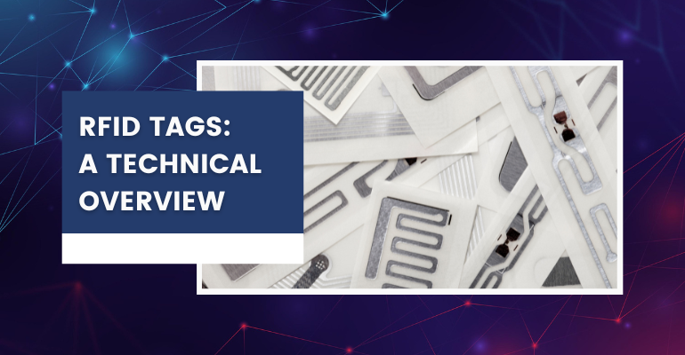 rfid tags a technical overview on a dark blue and red background, positioned over a pile of actual electronic inlay tags.