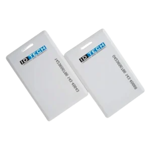 White PVC proximity cards with printed branding and ID numbers