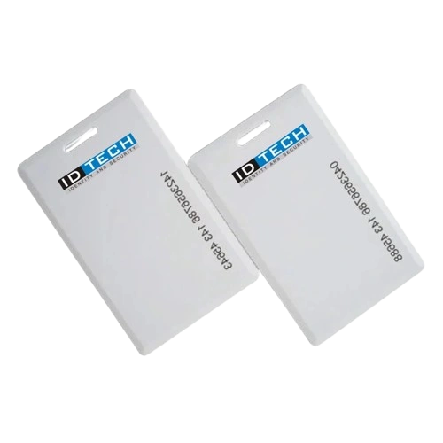 White PVC proximity cards with printed branding and ID numbers