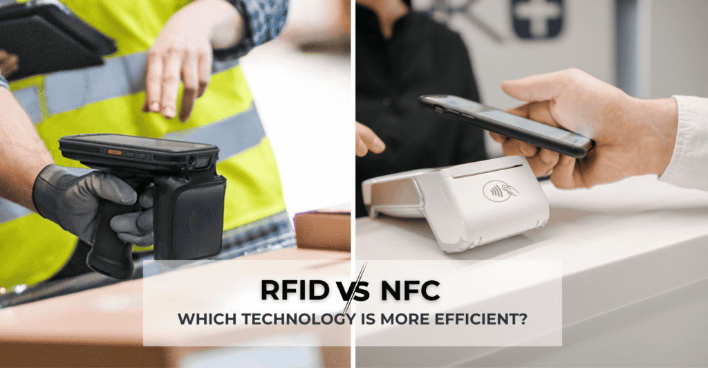 Comparison of RFID and NFC technologies with RFID handheld scanner for logistics on the left and NFC mobile payment on the right.