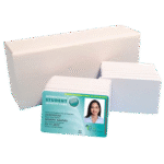 Stack of blank PVC plastic cards with sample printed ID card
