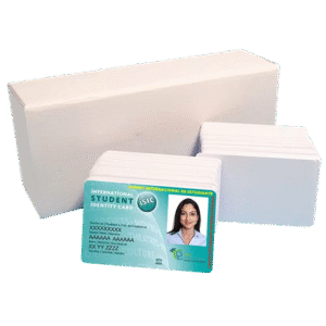 Stack of blank PVC plastic cards with sample printed ID card