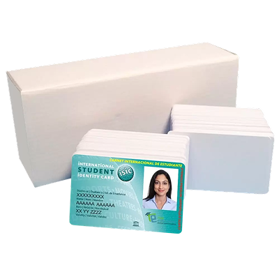 Stack of blank PVC plastic cards with sample printed ID card