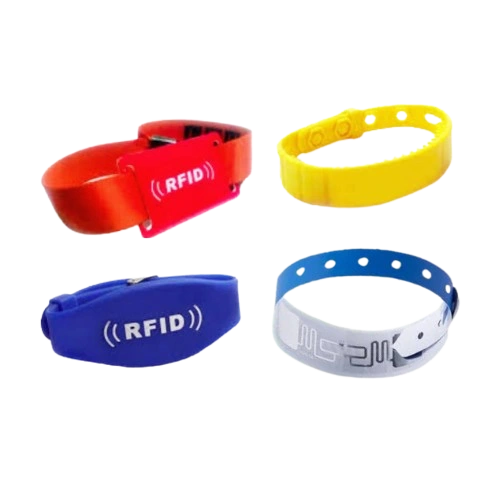 Different types of RFID wristbands in silicone, fabric, and PVC materials