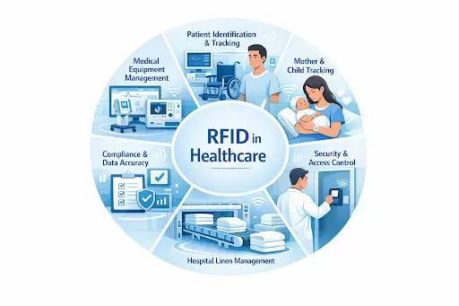 RFID technology use cases in healthcare such as patient identification, asset tracking, access control, and data accuracy.
